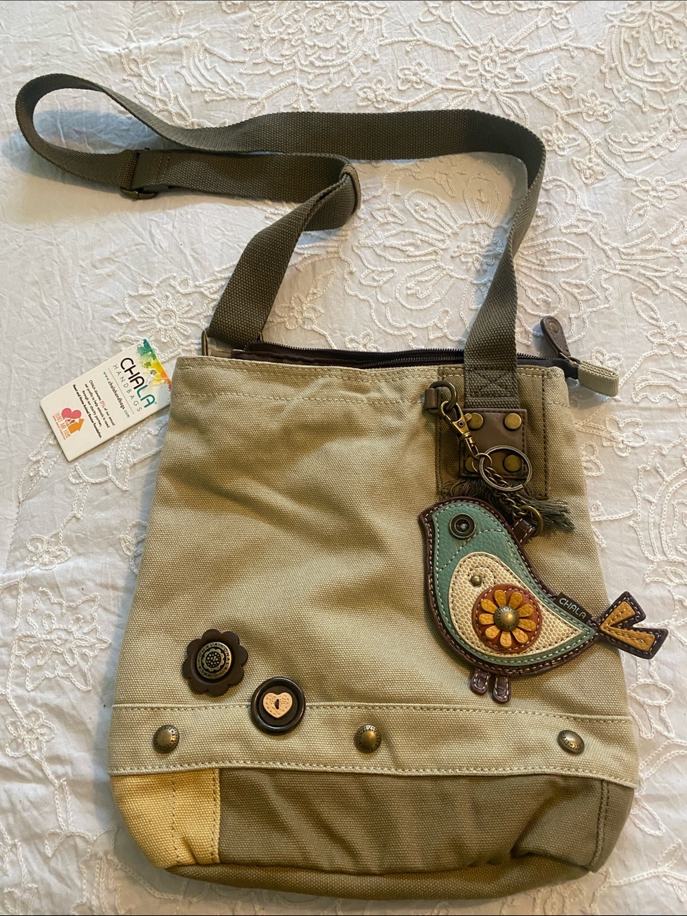 Chala canvas Crossbody Bag with Bird Charm - Beige